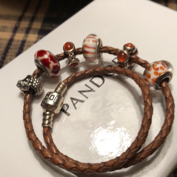 Pandora Jewelry - Pandora leather Bracelet W 6 retired charms Pandora Jewelry - Pandora leather Bracelet W 6 retired charms